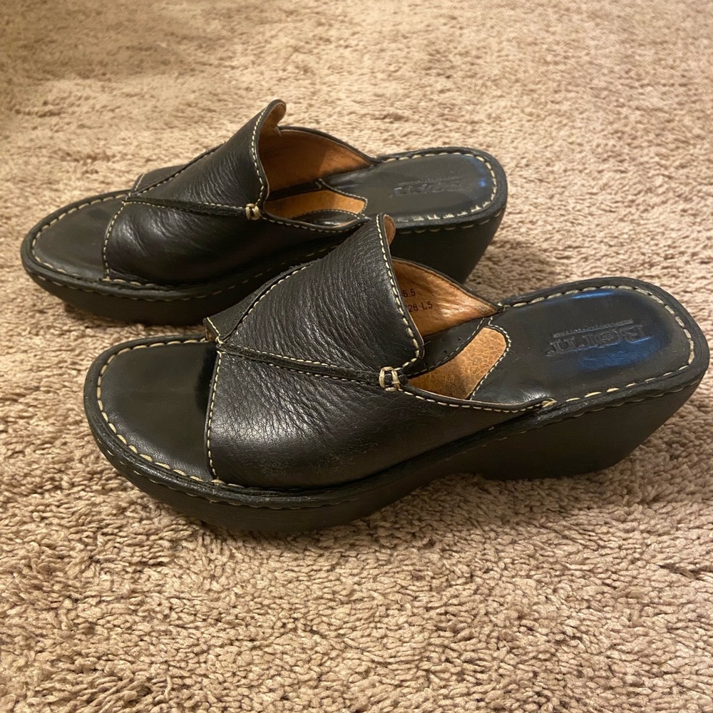 BORN Leather Wedge Slide Shoes Black 6US 36.5EU